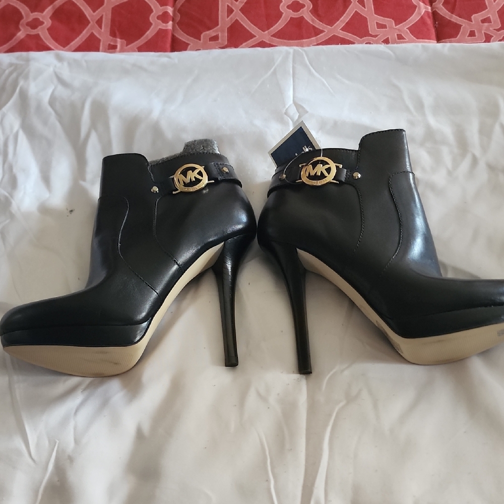 Michael Kors Black Heeled Boots with Gold Accent